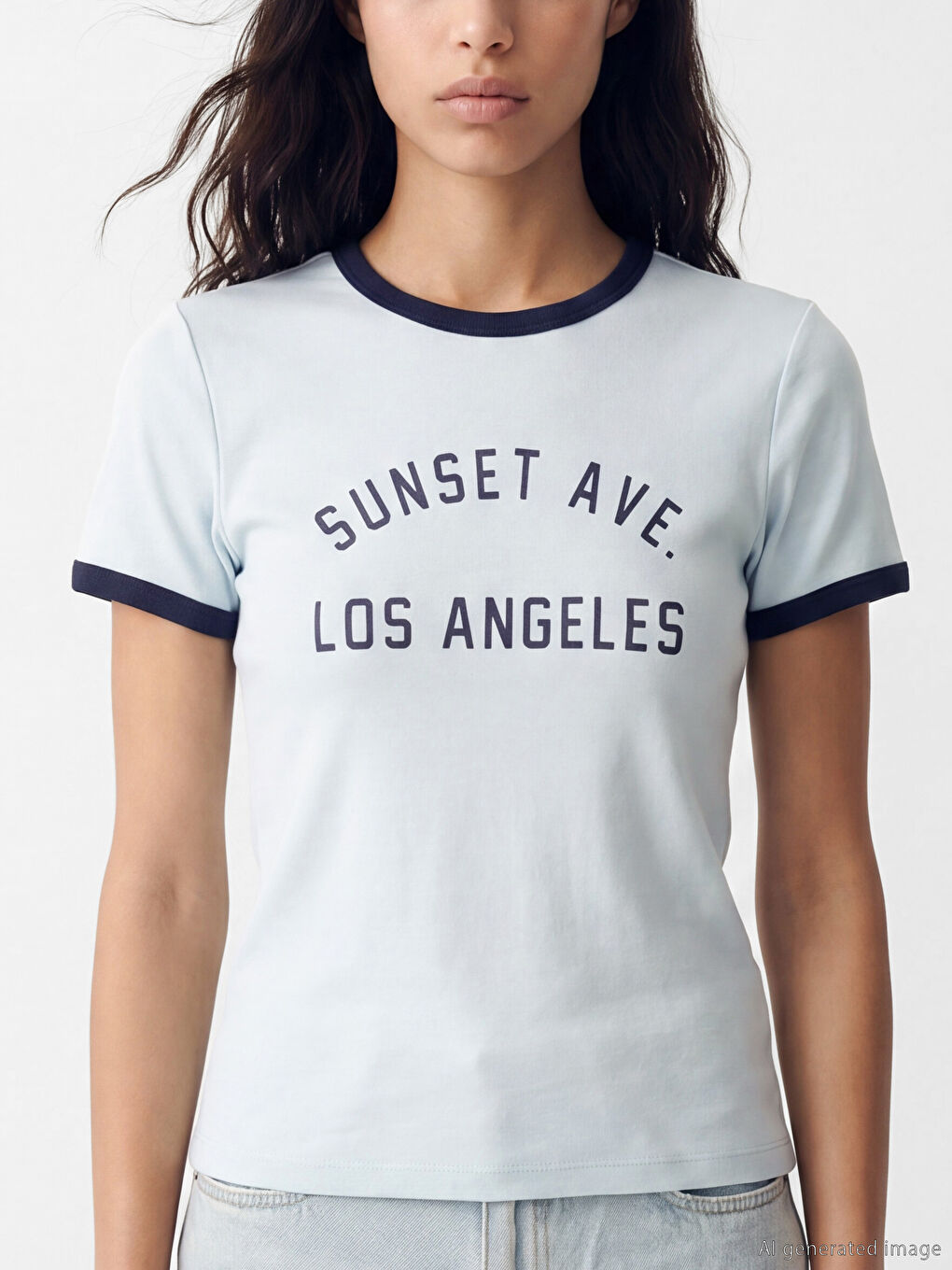 Mavi Bisiklet Yaka Los Angeles Baskılı Kadın Tişört-2