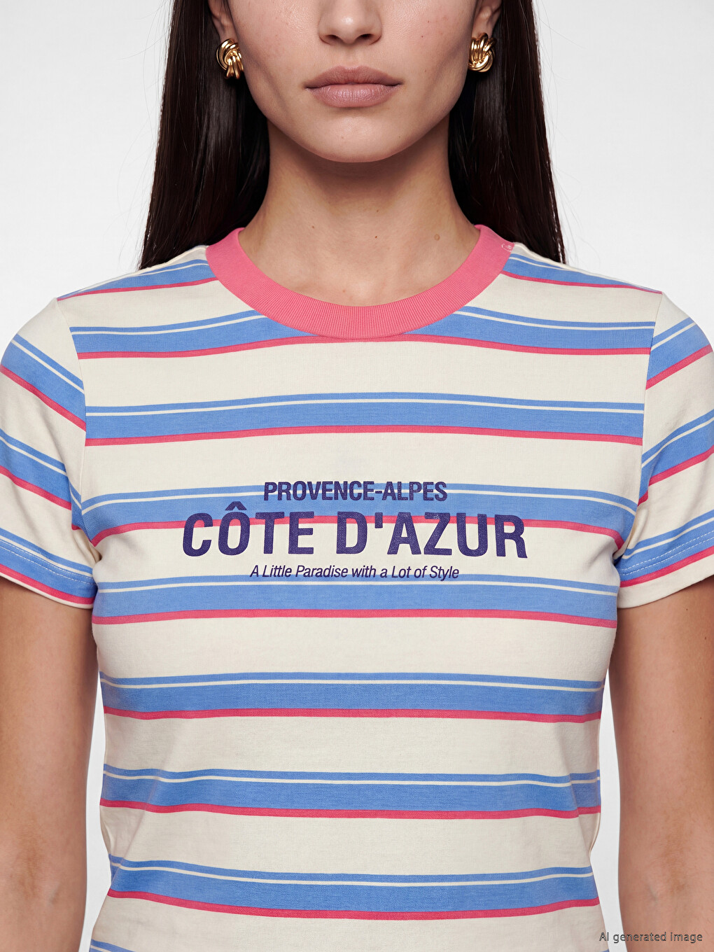 T-shirt me shirita me jakë të rrumbullakët për gra-2