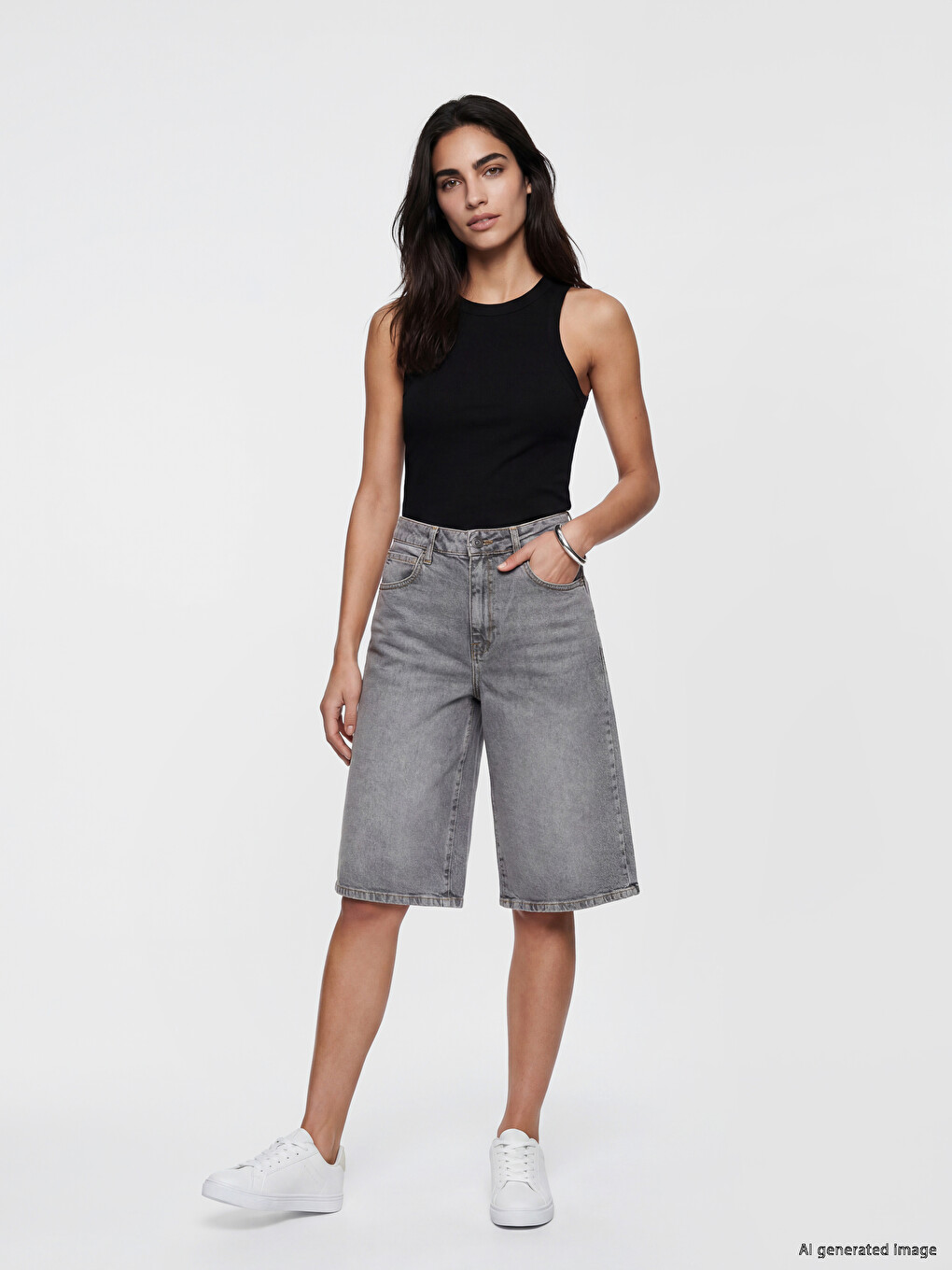 Gri Bermuda Fit Kadın Jean Şortolon