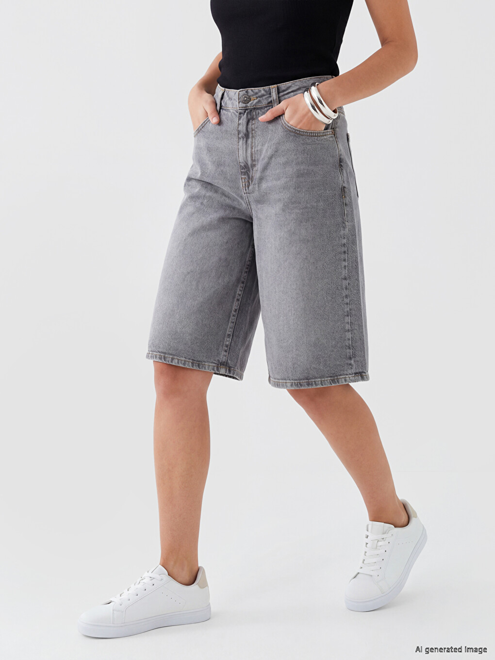 Gri Bermuda Fit Kadın Jean Şortolon-1
