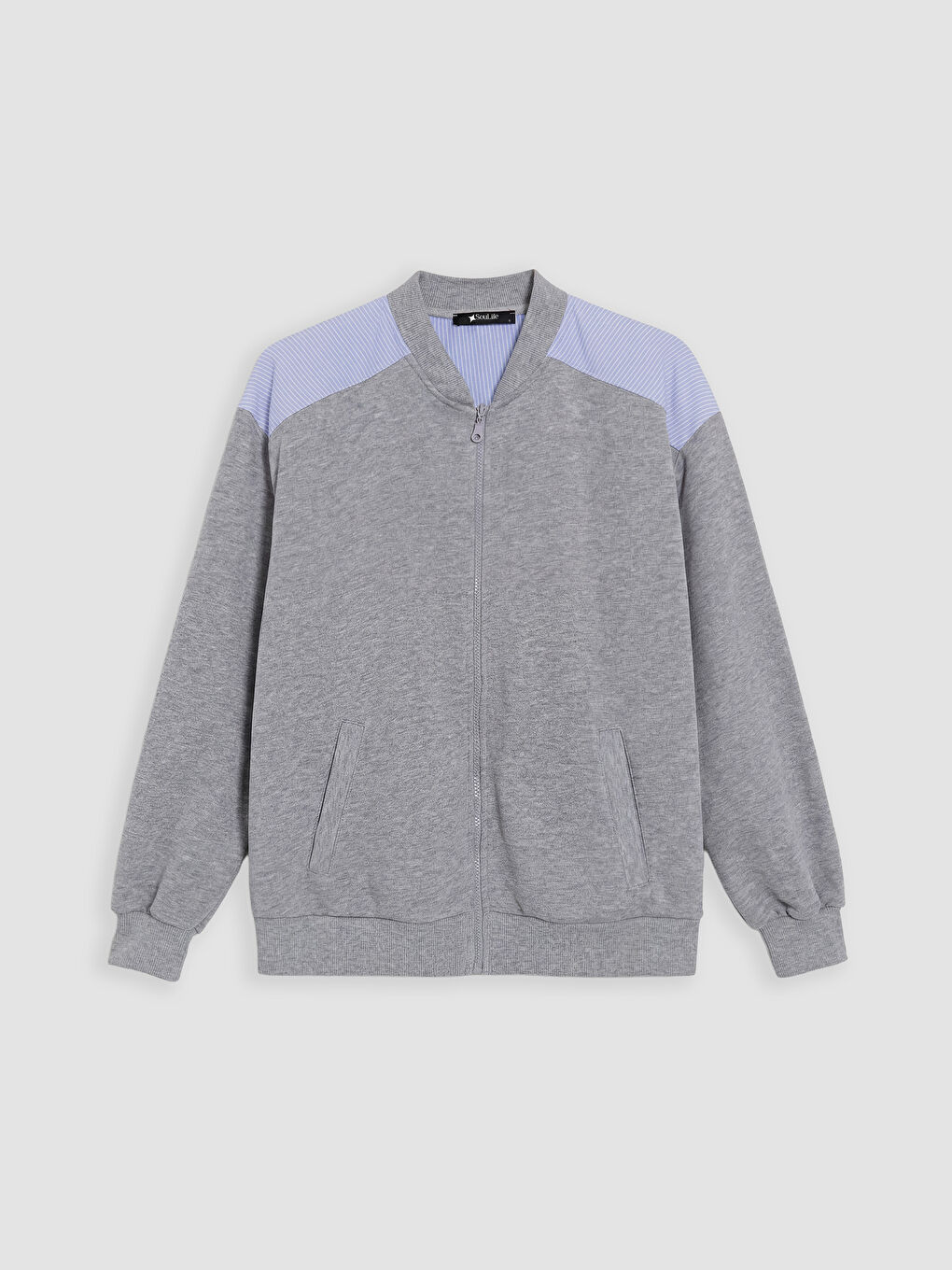 Gri Kolej Yaka Kadın Fermuarlı Sweatshirt-5