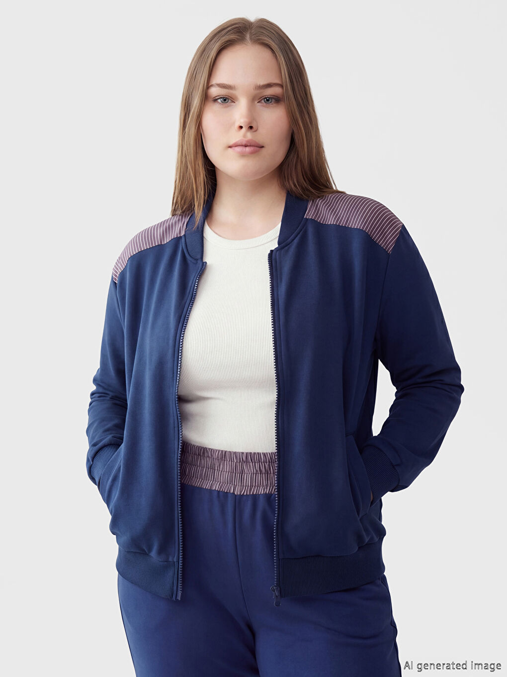 Lacivert Kolej Yaka Kadın Fermuarlı Sweatshirt-1