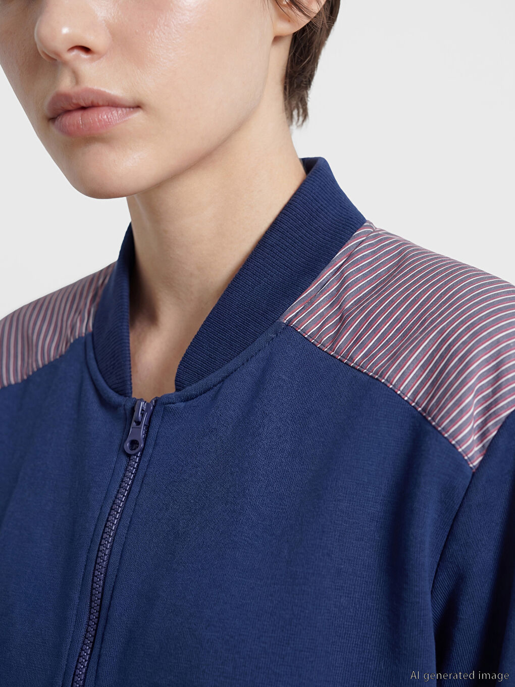 Lacivert Kolej Yaka Kadın Fermuarlı Sweatshirt-3