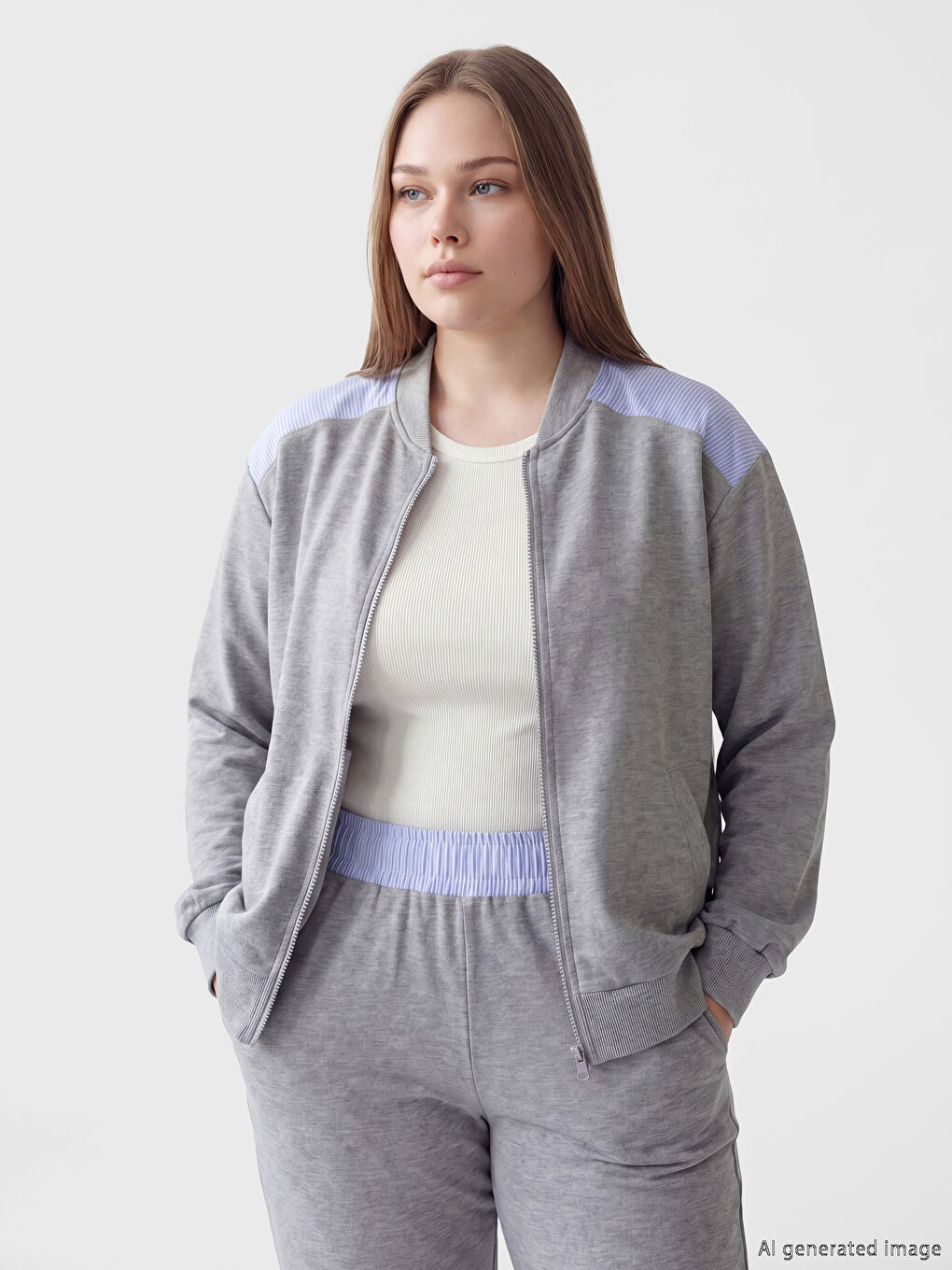 Gri Kolej Yaka Kadın Fermuarlı Sweatshirt-1