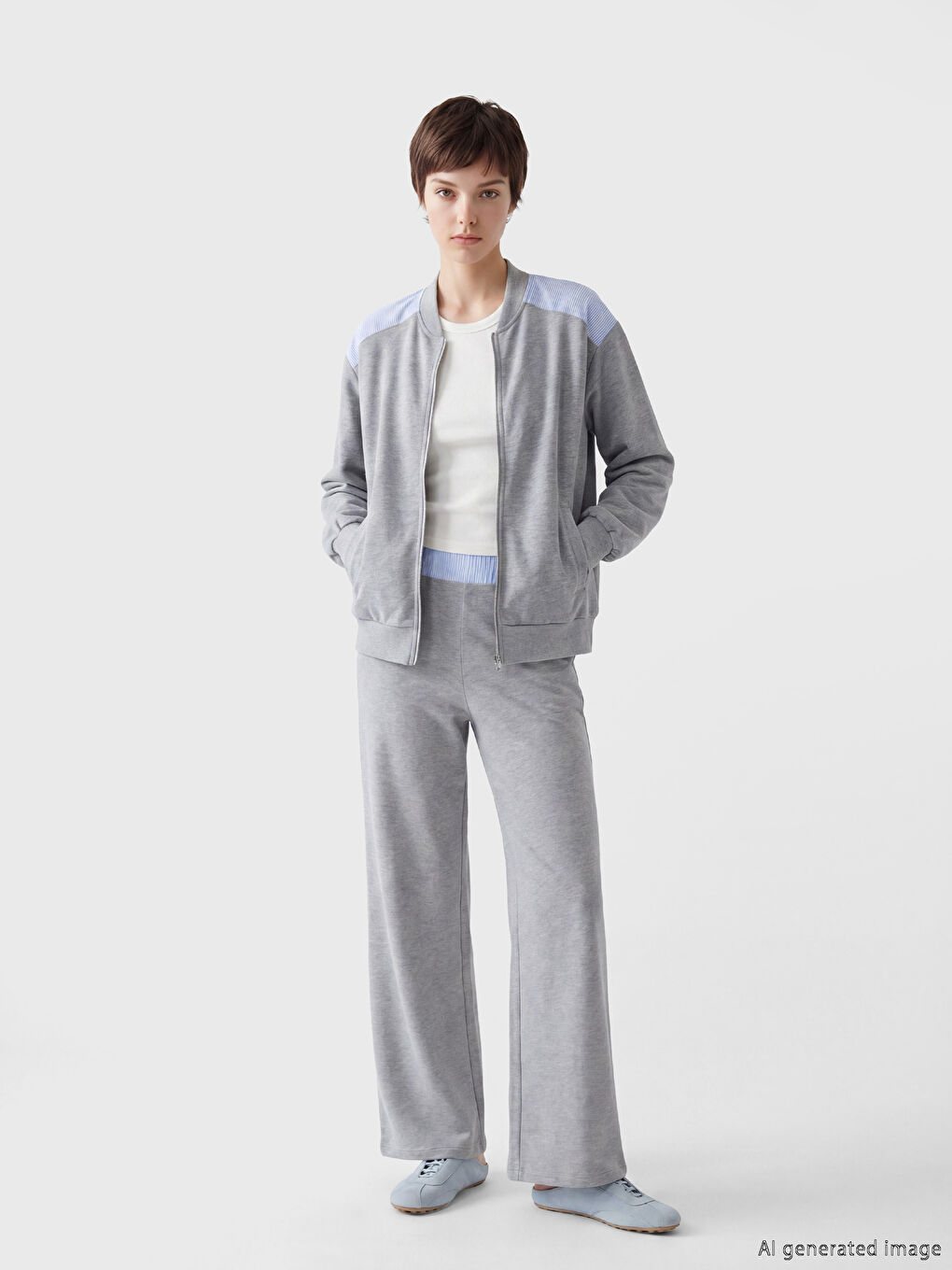 Gri Kolej Yaka Kadın Fermuarlı Sweatshirt-2