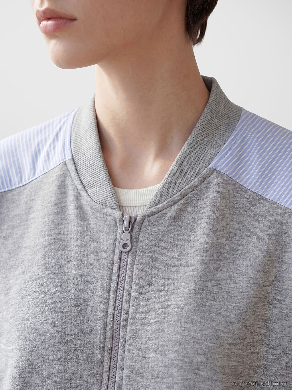 Gri Kolej Yaka Kadın Fermuarlı Sweatshirt-3