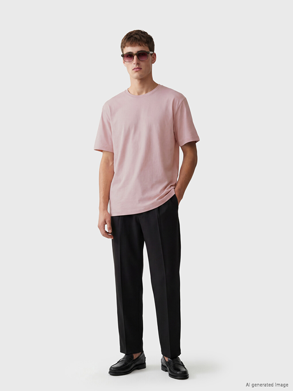 Pembe Relax Fit Bisiklet Yaka Erkek Tişört-1
