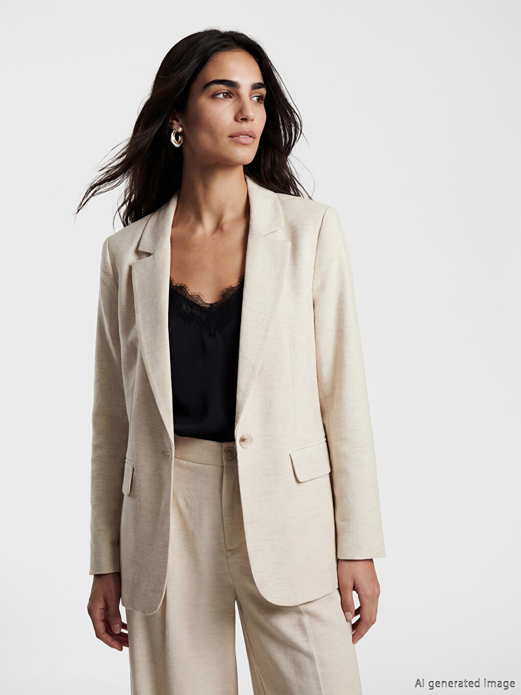 Bej Keten Karışımlı Kadın Blazer Ceket