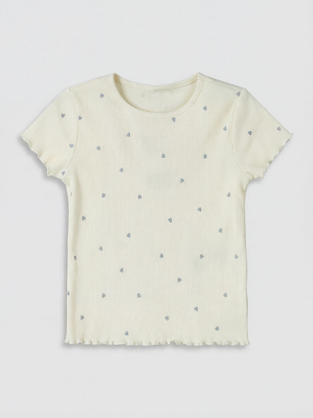 Ekru Kalp Desenli Fitilli Kız Çocuk Tişört