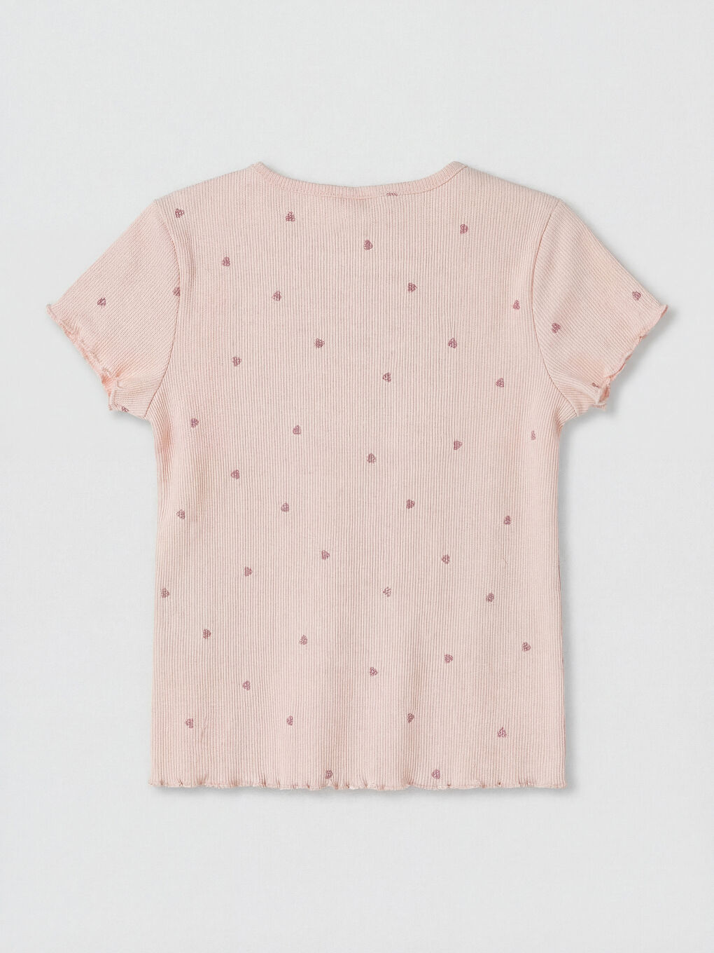 Pembe Kalp Desenli Fitilli Kız Çocuk Tişört-1