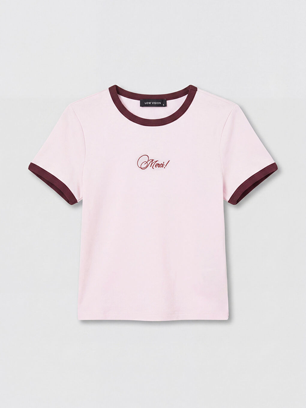 Pembe Bisiklet Yaka Nakışlı Kadın Tişört