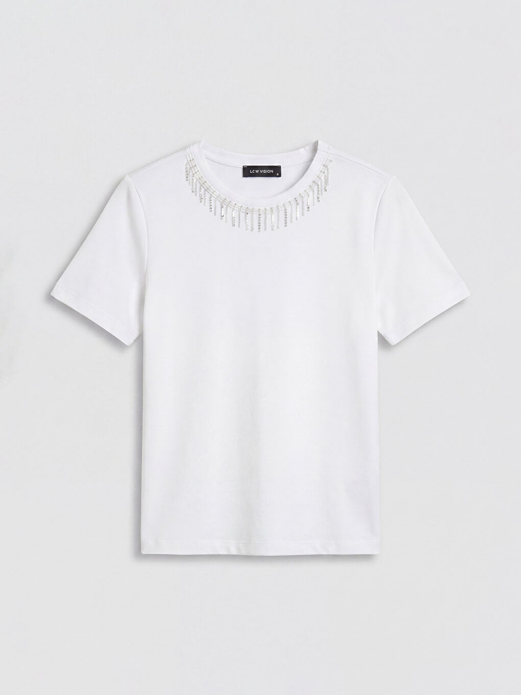 Beyaz Bisiklet Yaka Taşlı Kadın Tişört