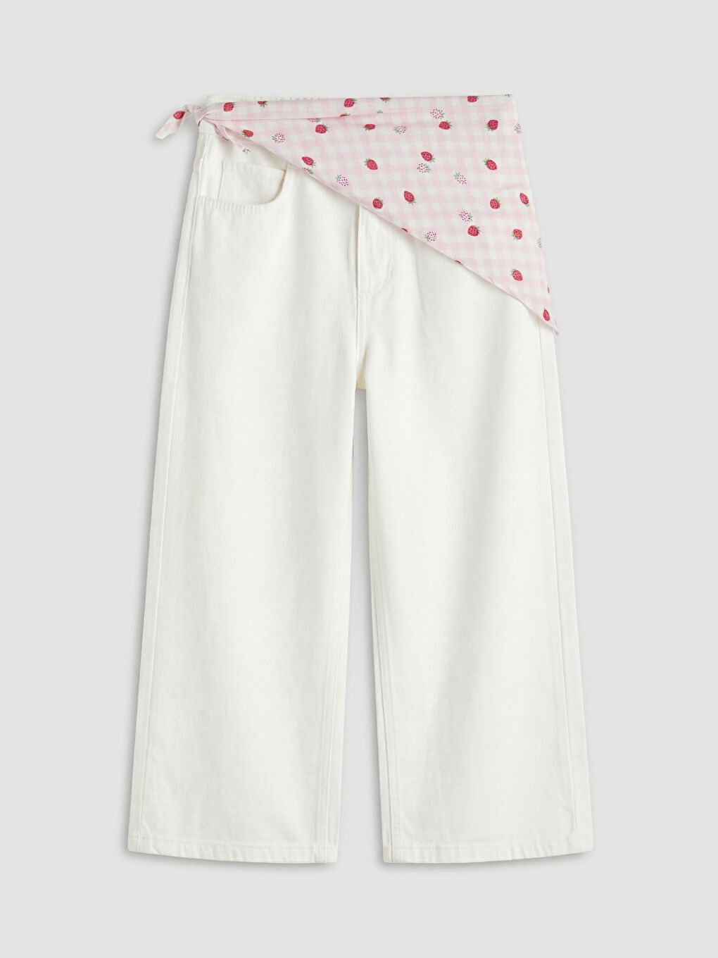 Beyaz Çilek Nakışlı Kız Çocuk Jean Bermuda ve Bandana