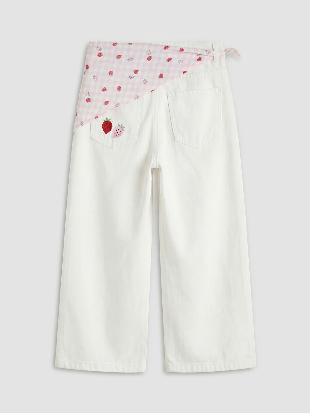 Beyaz Çilek Nakışlı Kız Çocuk Jean Bermuda ve Bandana-1