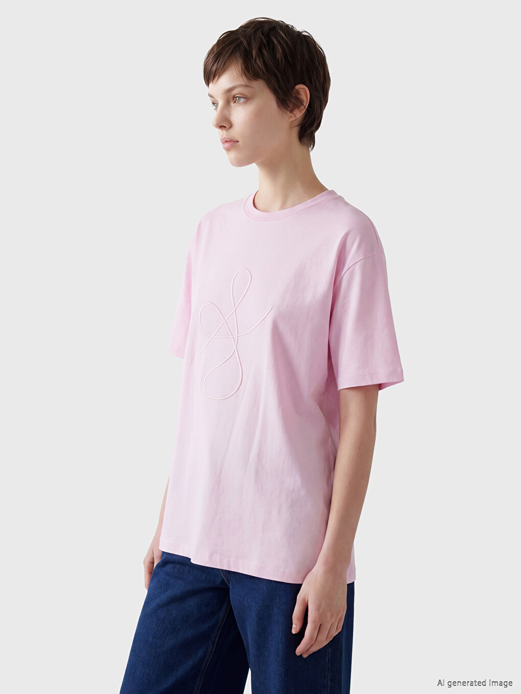 Pembe Nakışlı %100 Pamuklu Kadın Tişört