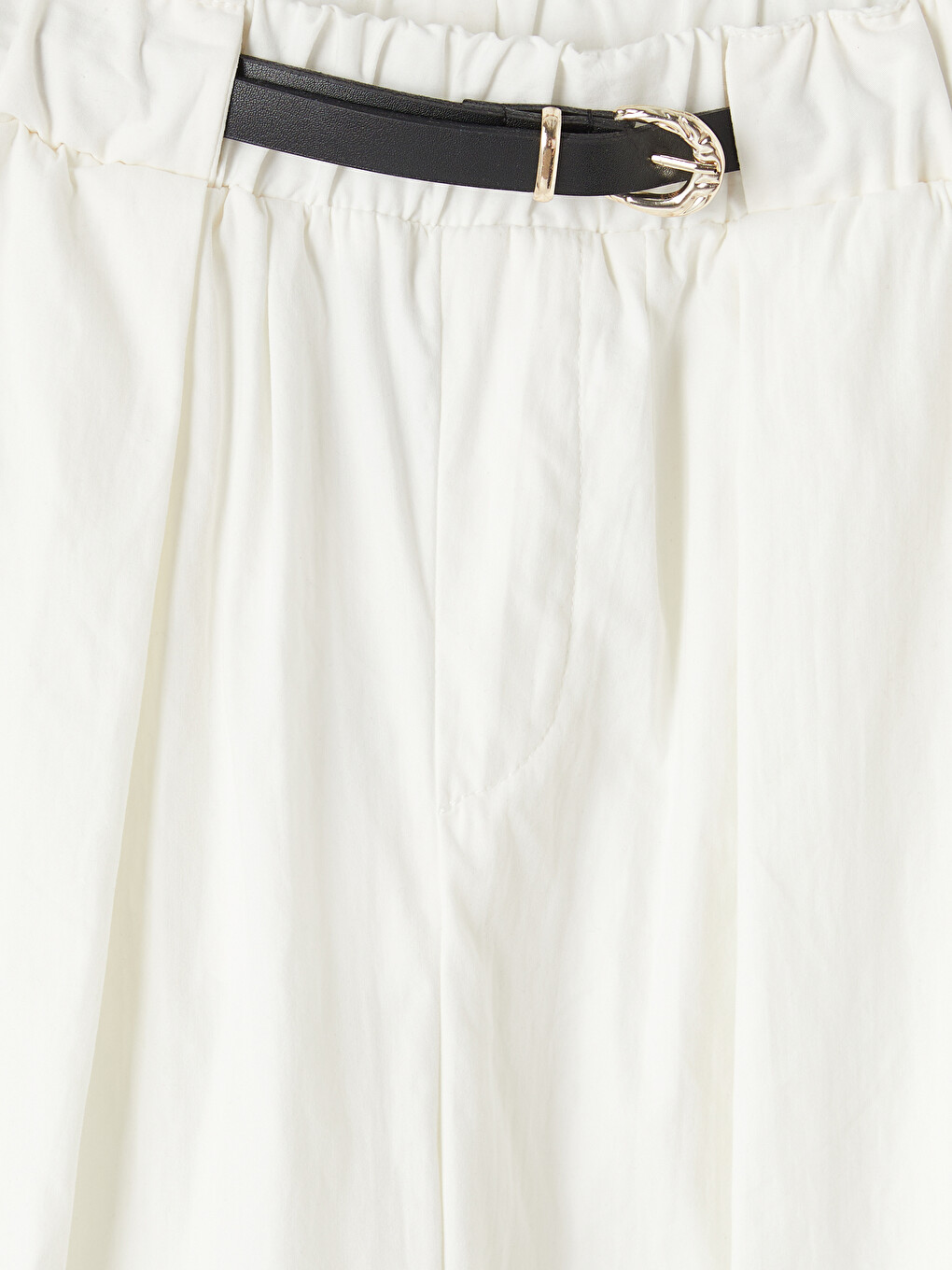 Ekru Beli Kemerli Geniş Paça Kadın Pantolon-1