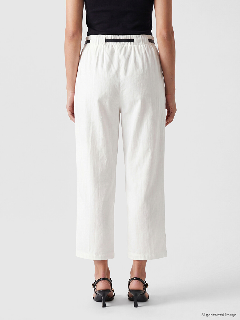 Ekru Beli Kemerli Geniş Paça Kadın Pantolon-3