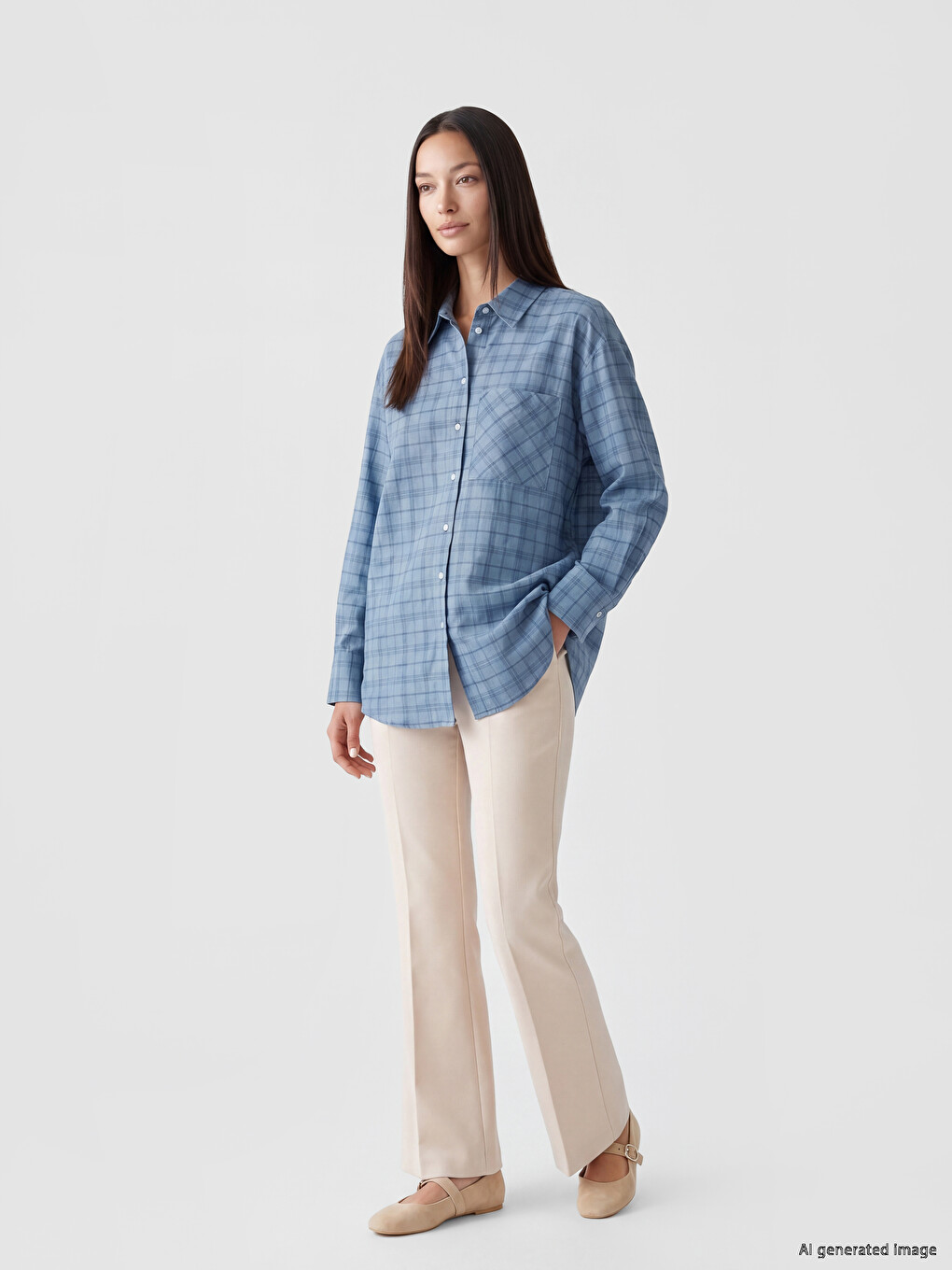 Mavi Ekose Oversize Kadın Gömlek-1