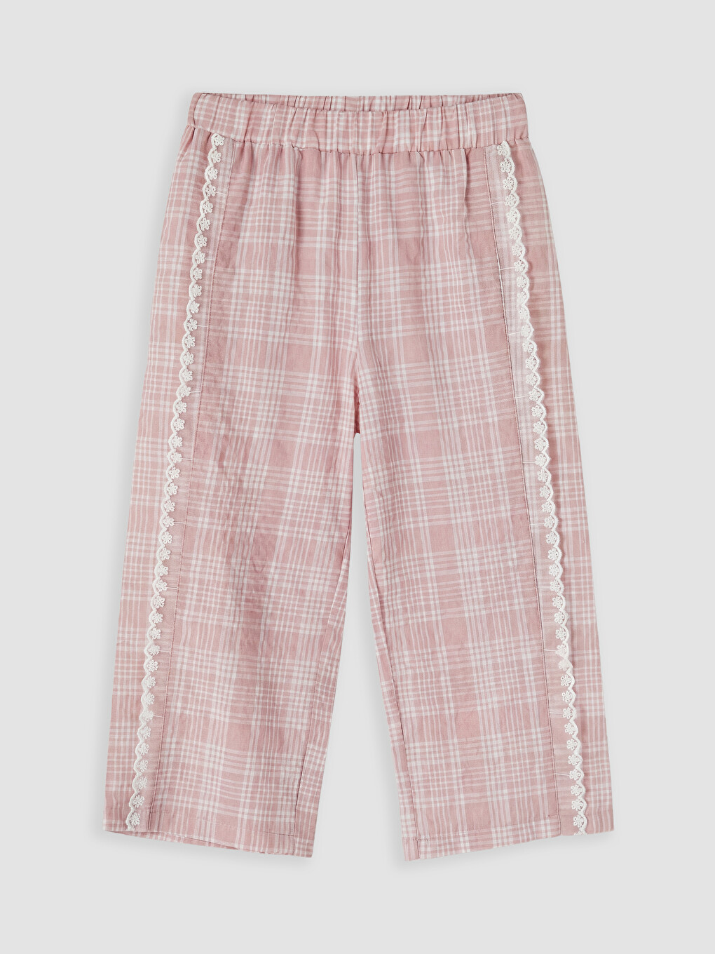 Pembe Dantel Detaylı Ekose Kız Çocuk Pantolon