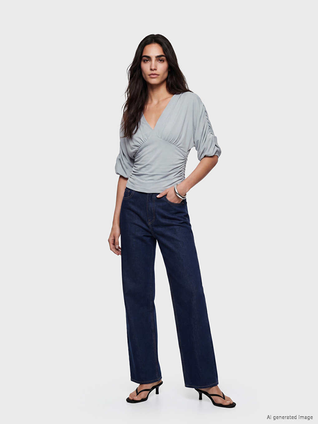 Bluza Sa V-izrezom, Nabrana, Sa Šišmiš Rukavima-1