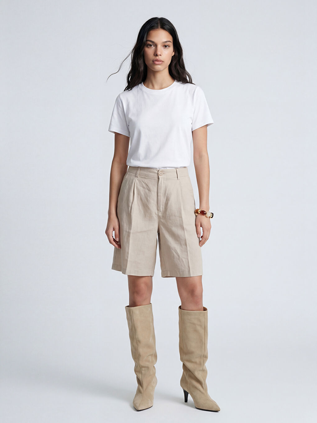 Beyaz Bisiklet Yaka Kadın Tişört-1