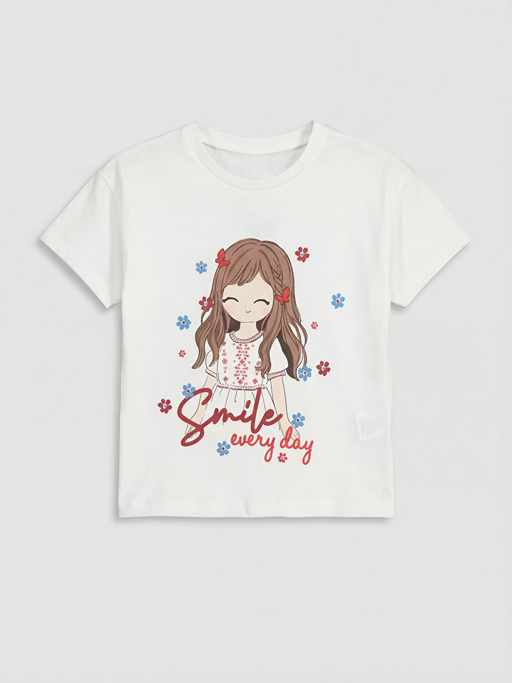 Ekru Baskılı Kız Çocuk Tişört