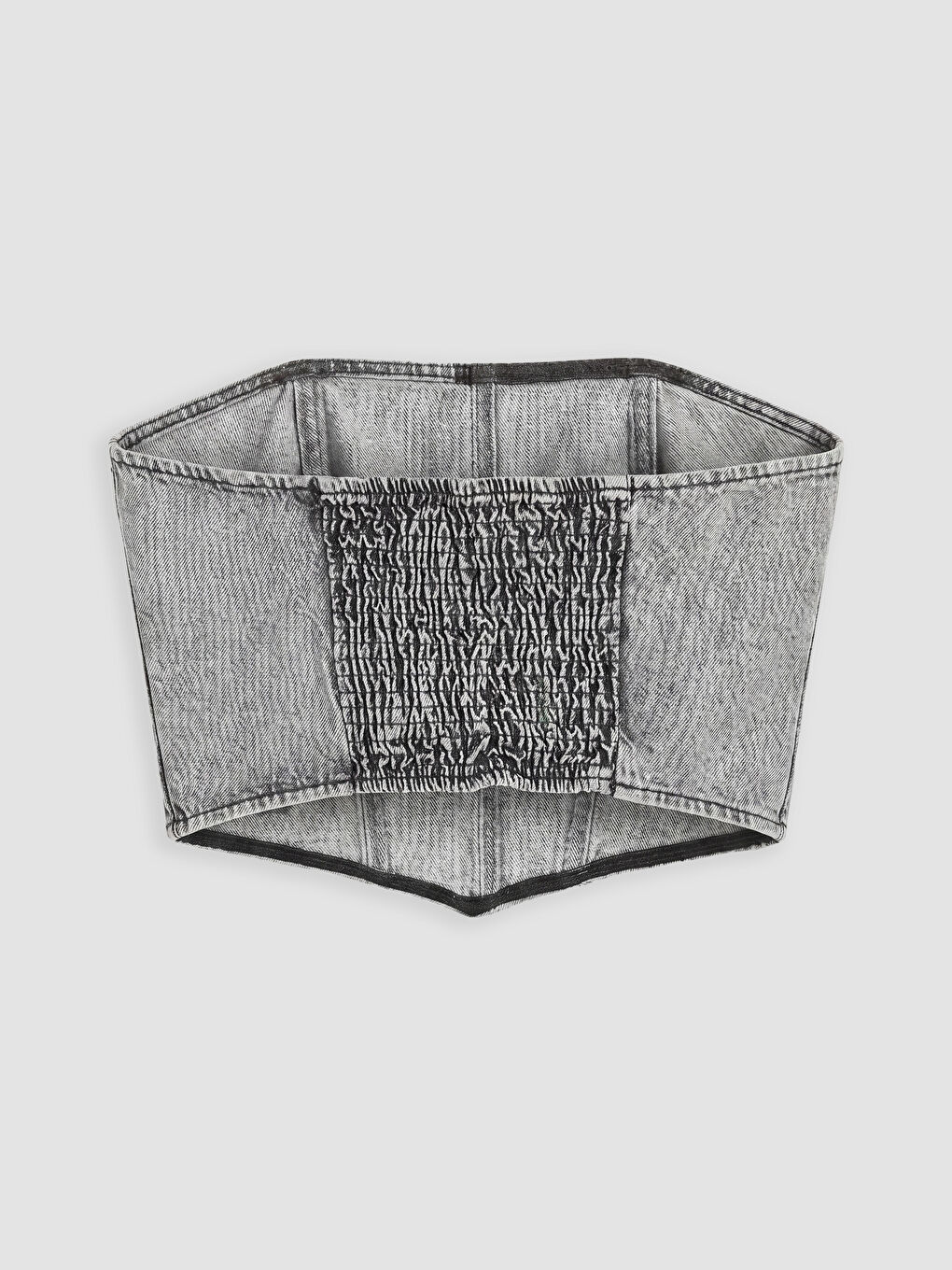Gri Straplez Yaka Taşlı Crop Jean Bluz-1