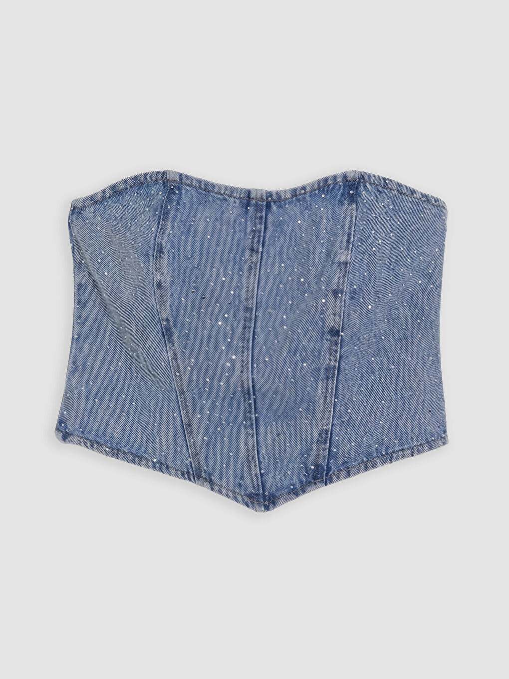 Mavi Straplez Yaka Taşlı Crop Jean Bluz