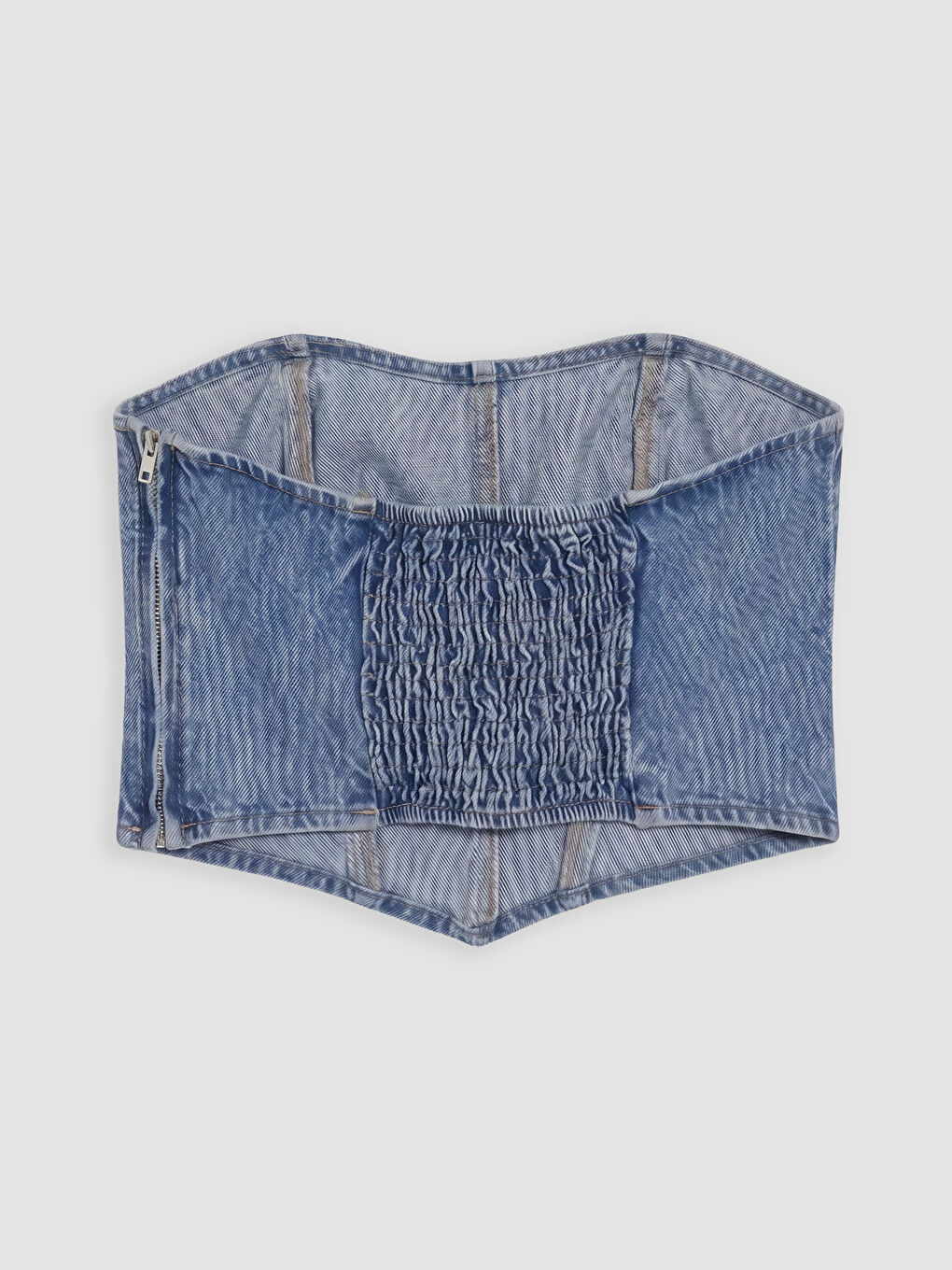 Mavi Straplez Yaka Taşlı Crop Jean Bluz-1