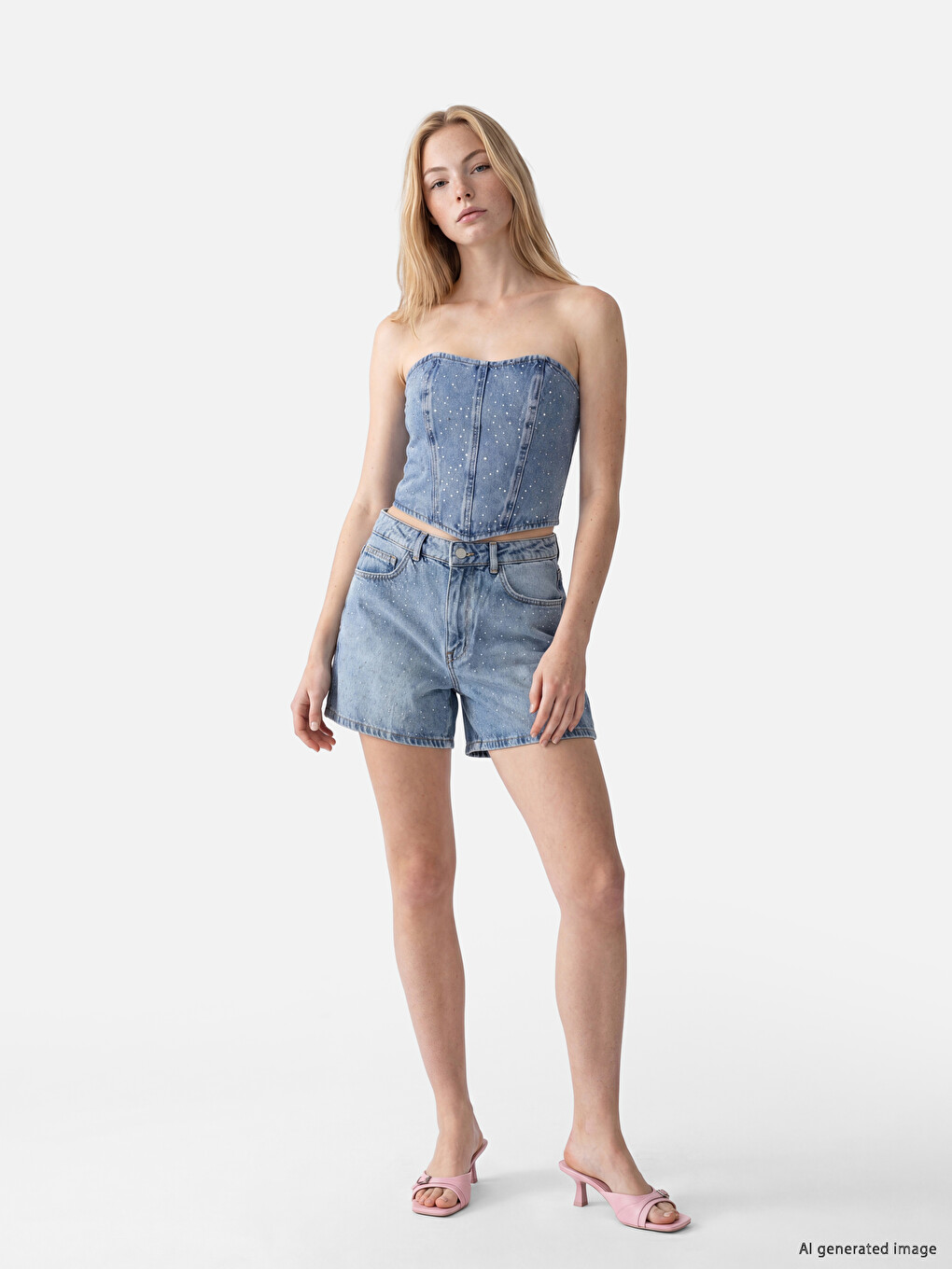Mavi Straplez Yaka Taşlı Crop Jean Bluz-1