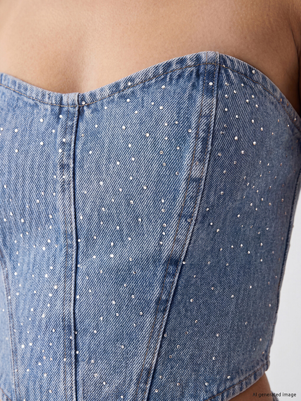 Mavi Straplez Yaka Taşlı Crop Jean Bluz-2