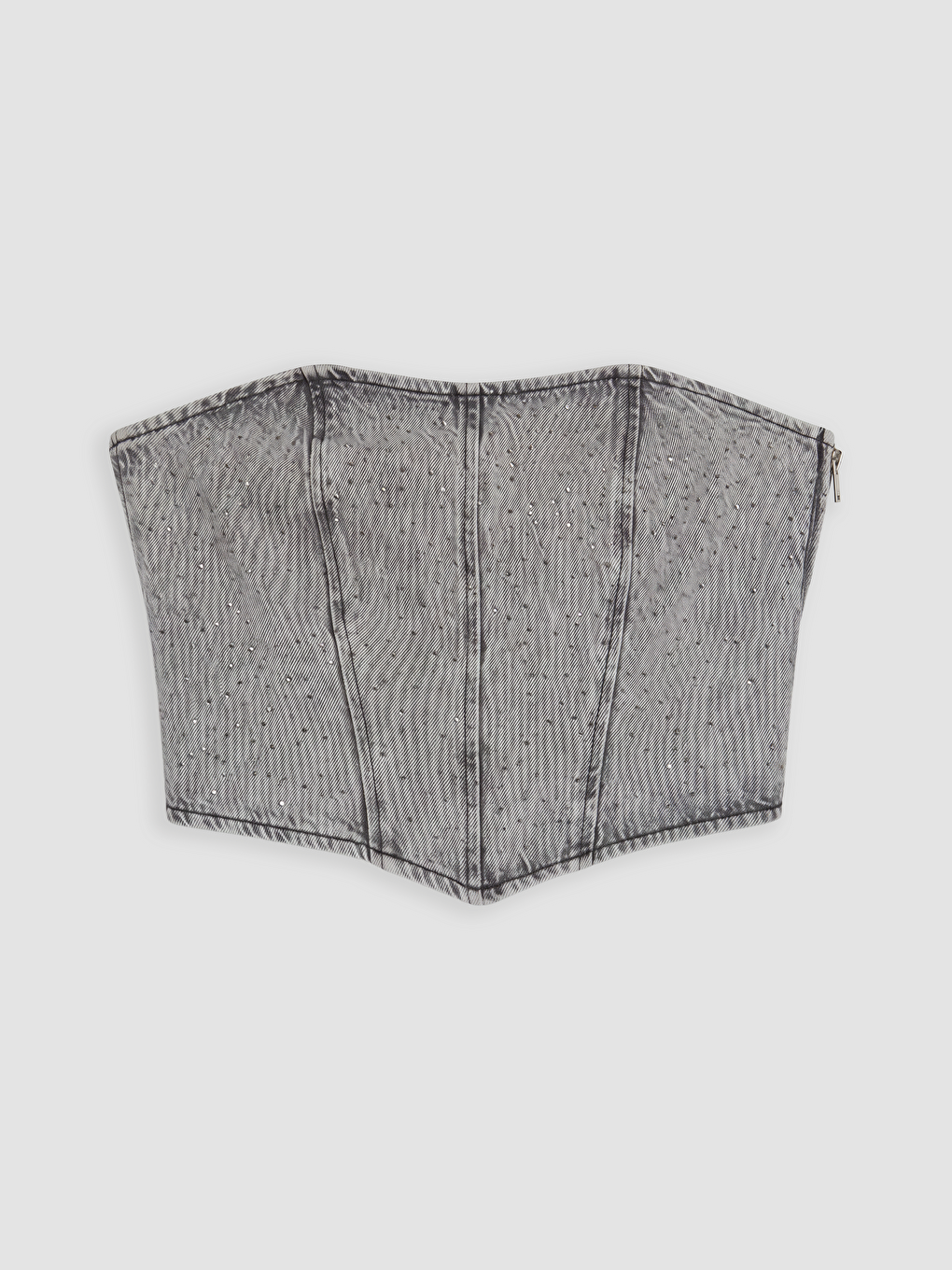 Gri Straplez Yaka Taşlı Crop Jean Bluz