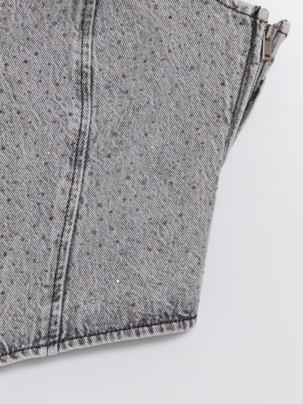 Gri Straplez Yaka Taşlı Crop Jean Bluz-2