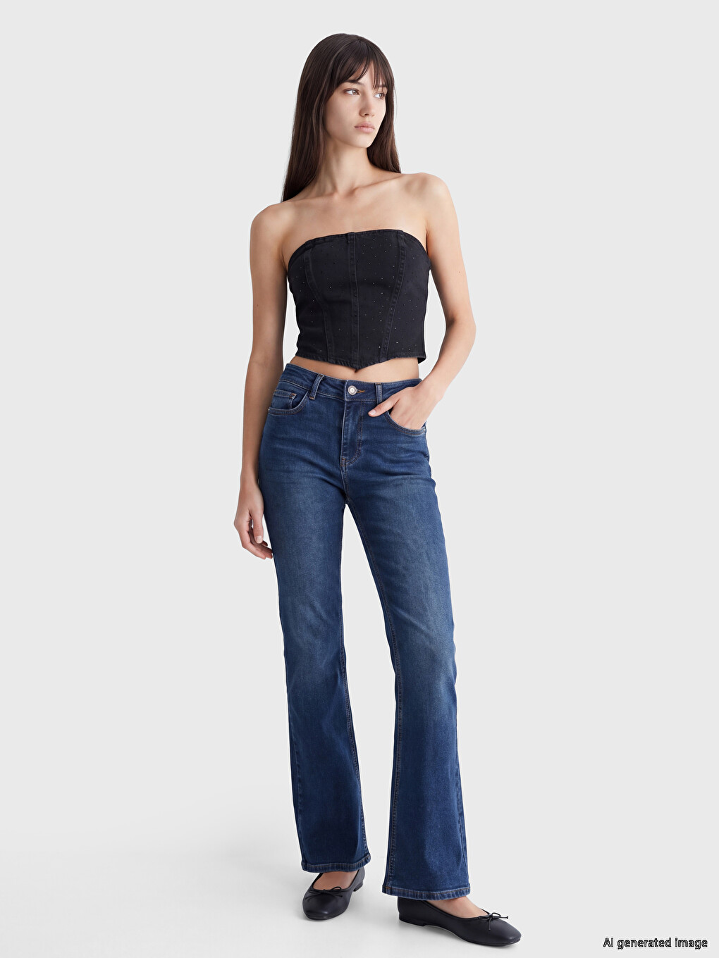 Strapless Collar Rhinestone Embellished Women's Denim Corset Blouse-1