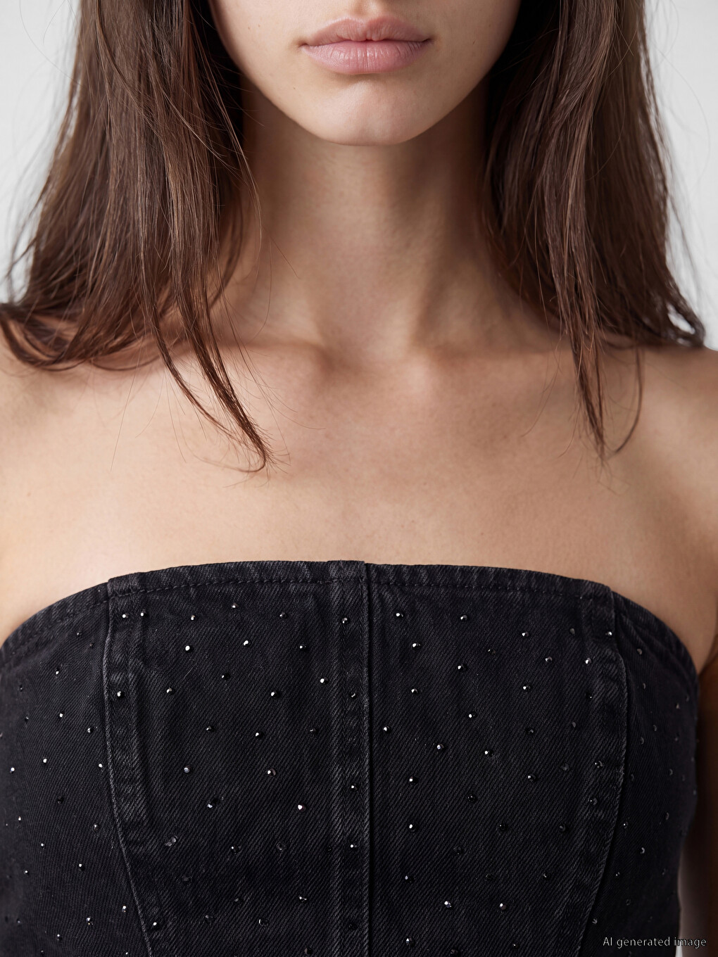 Strapless Collar Rhinestone Embellished Women's Denim Corset Blouse-2
