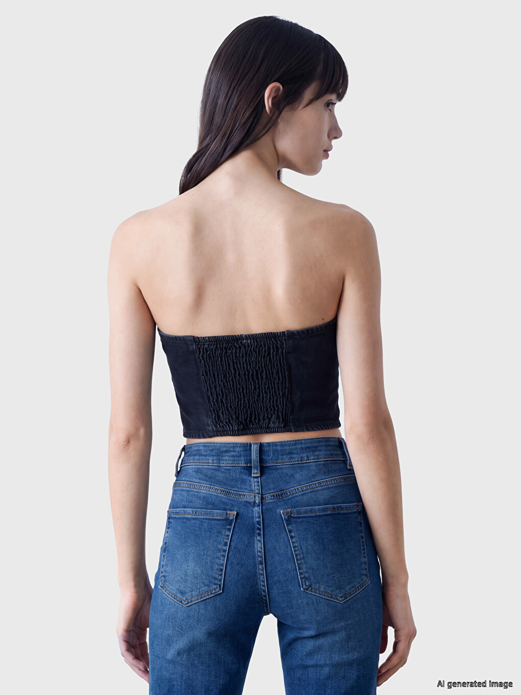 Strapless Collar Rhinestone Embellished Women's Denim Corset Blouse-3