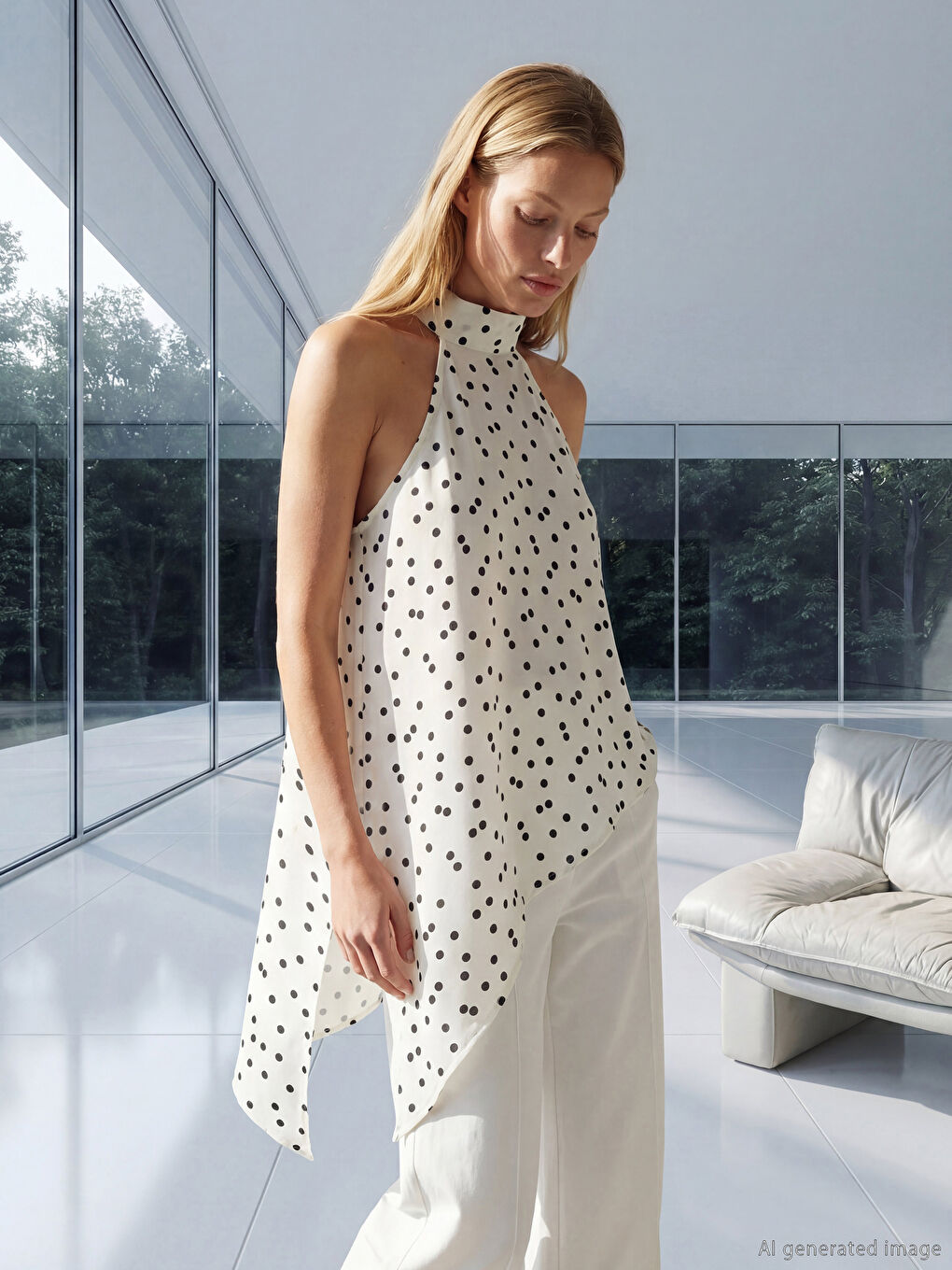 Beyaz Halter Yaka Puantiyeli Saten Bluz-1