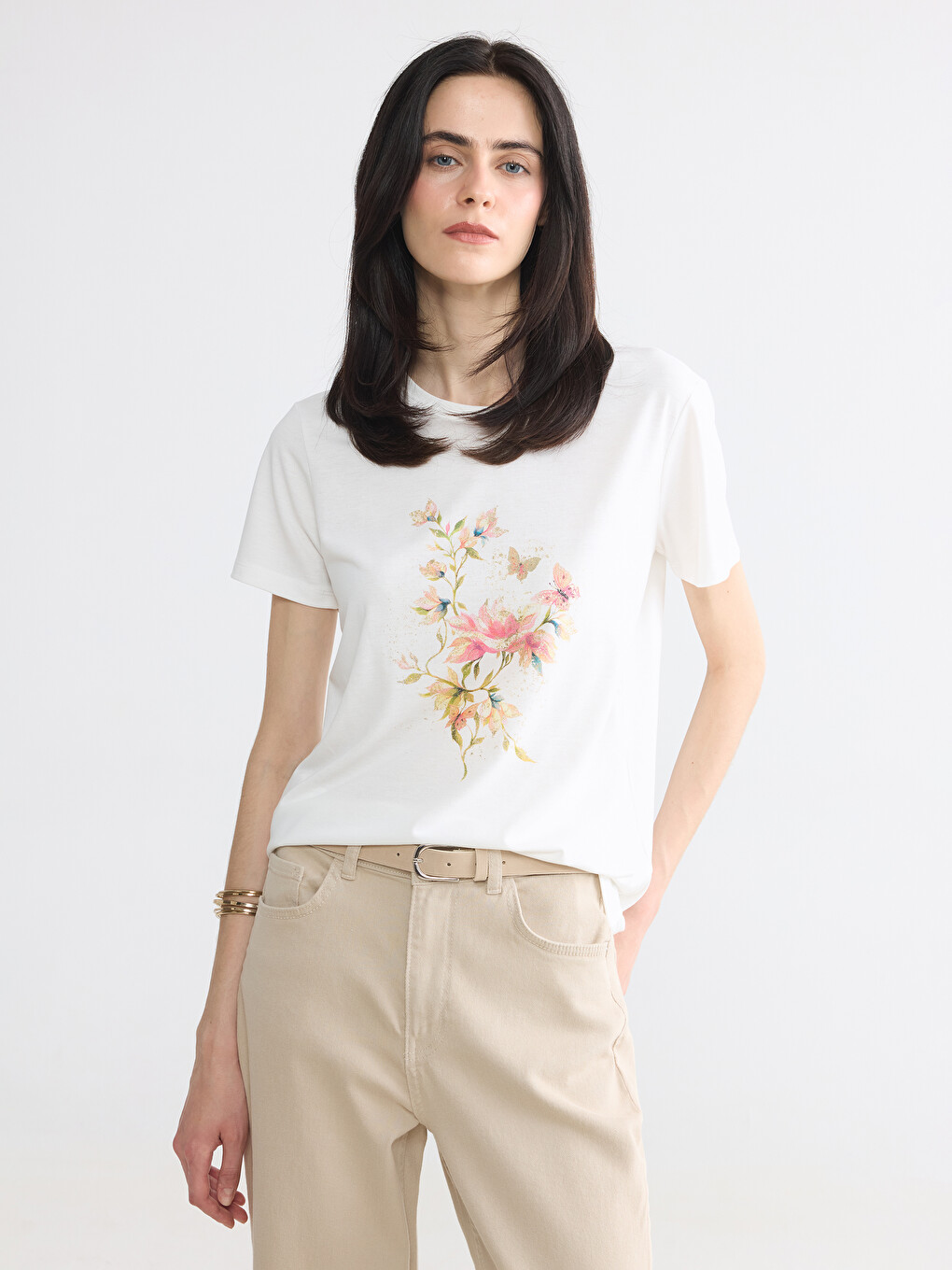 Crew Neck Floral Printed Women's T-Shirt