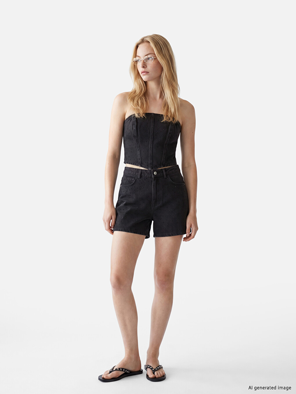 Siyah Straplez Yaka Taşlı Crop Jean Bluz-1