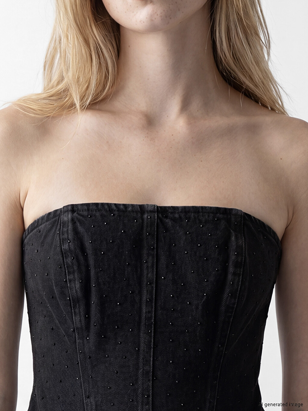 Siyah Straplez Yaka Taşlı Crop Jean Bluz-2