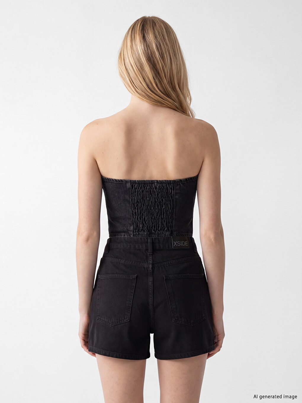 Siyah Straplez Yaka Taşlı Crop Jean Bluz-3