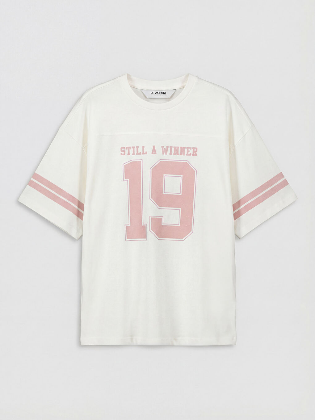 Ekru Bisiklet Yaka Baskılı Şeritli Kız Çocuk Tişört