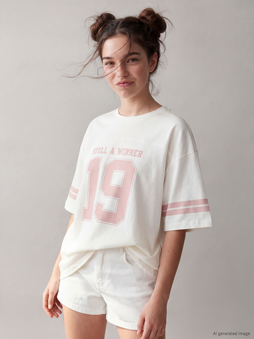 Crew Neck Printed Striped Girls' T-Shirt