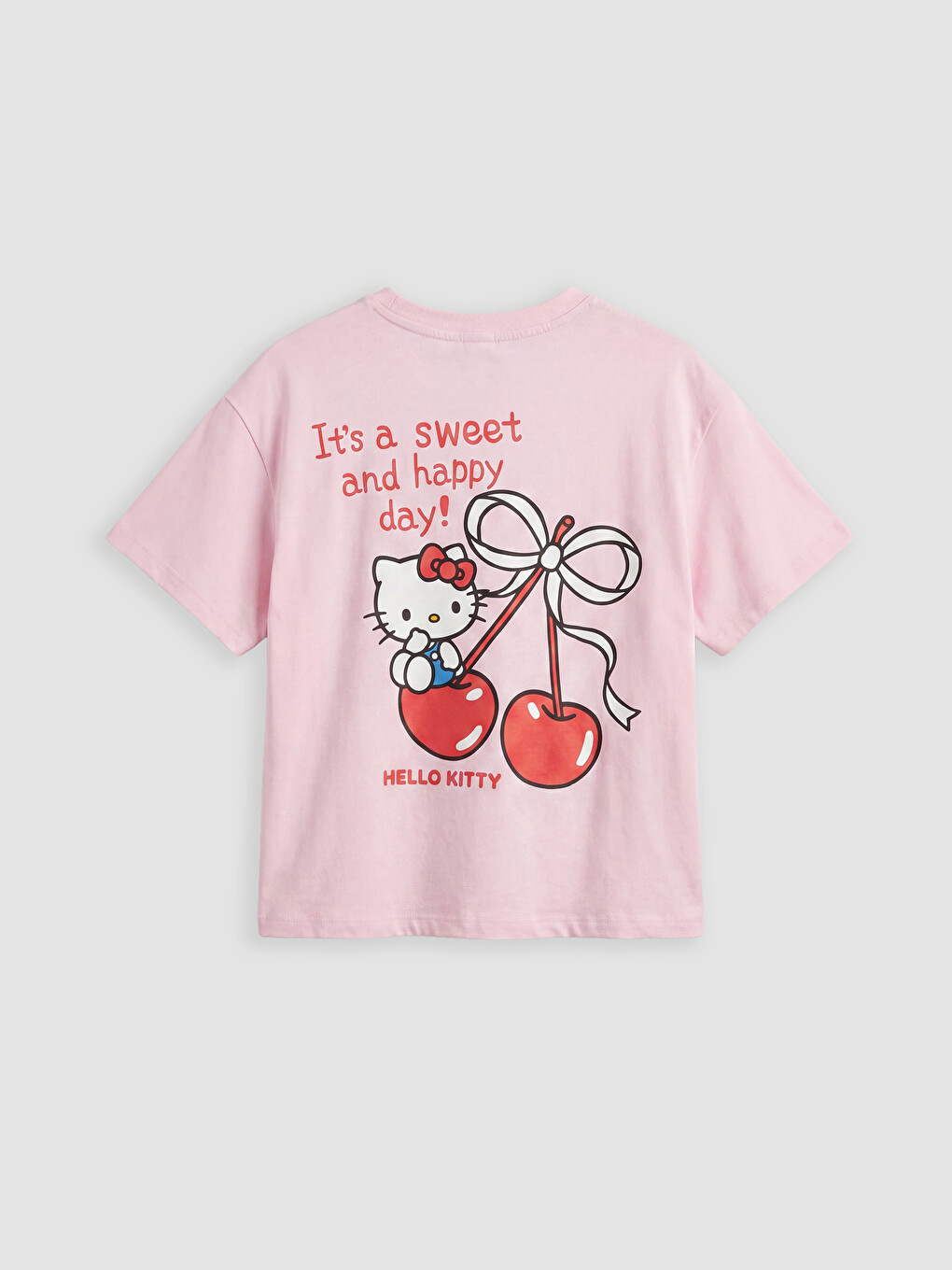 Pembe Bisiklet Yaka Hello Kitty Baskılı Kız Çocuk Tişört-1