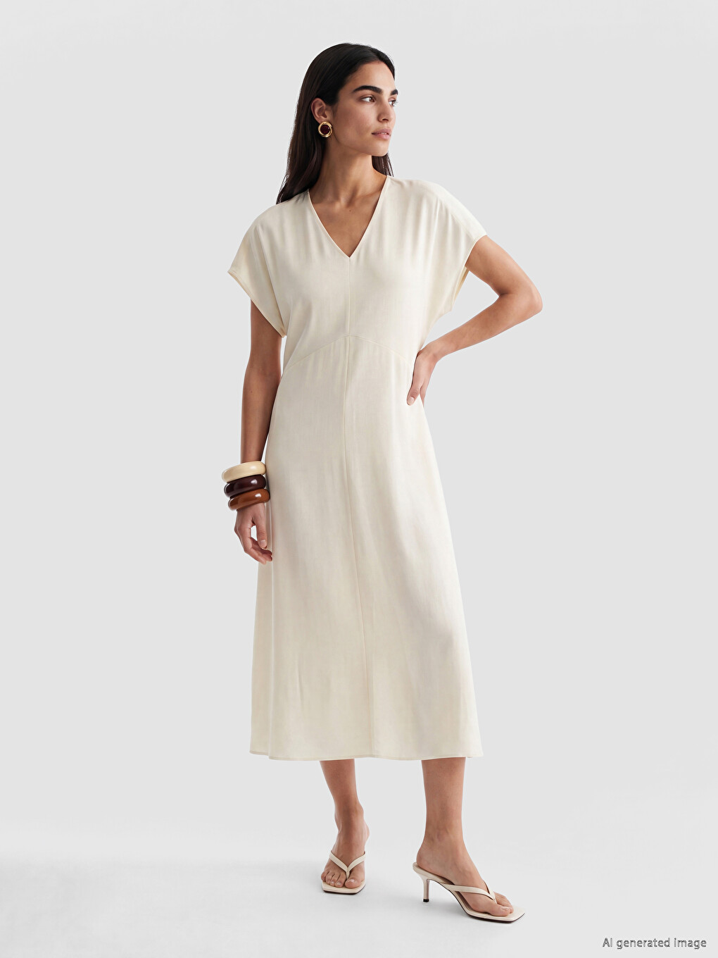 V Neck Linen Blend Dress-1