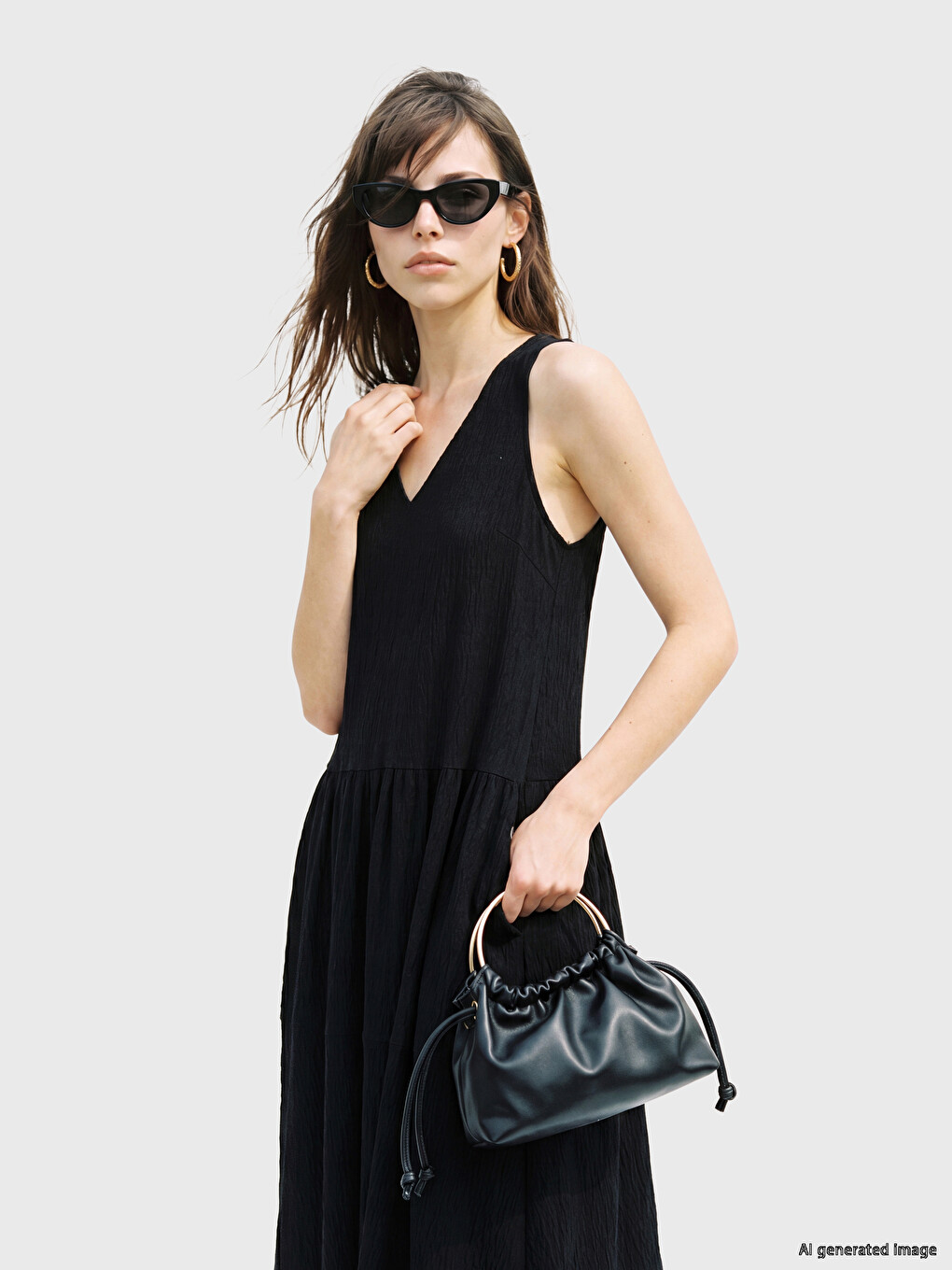 V Neck Textured Pleated Dress