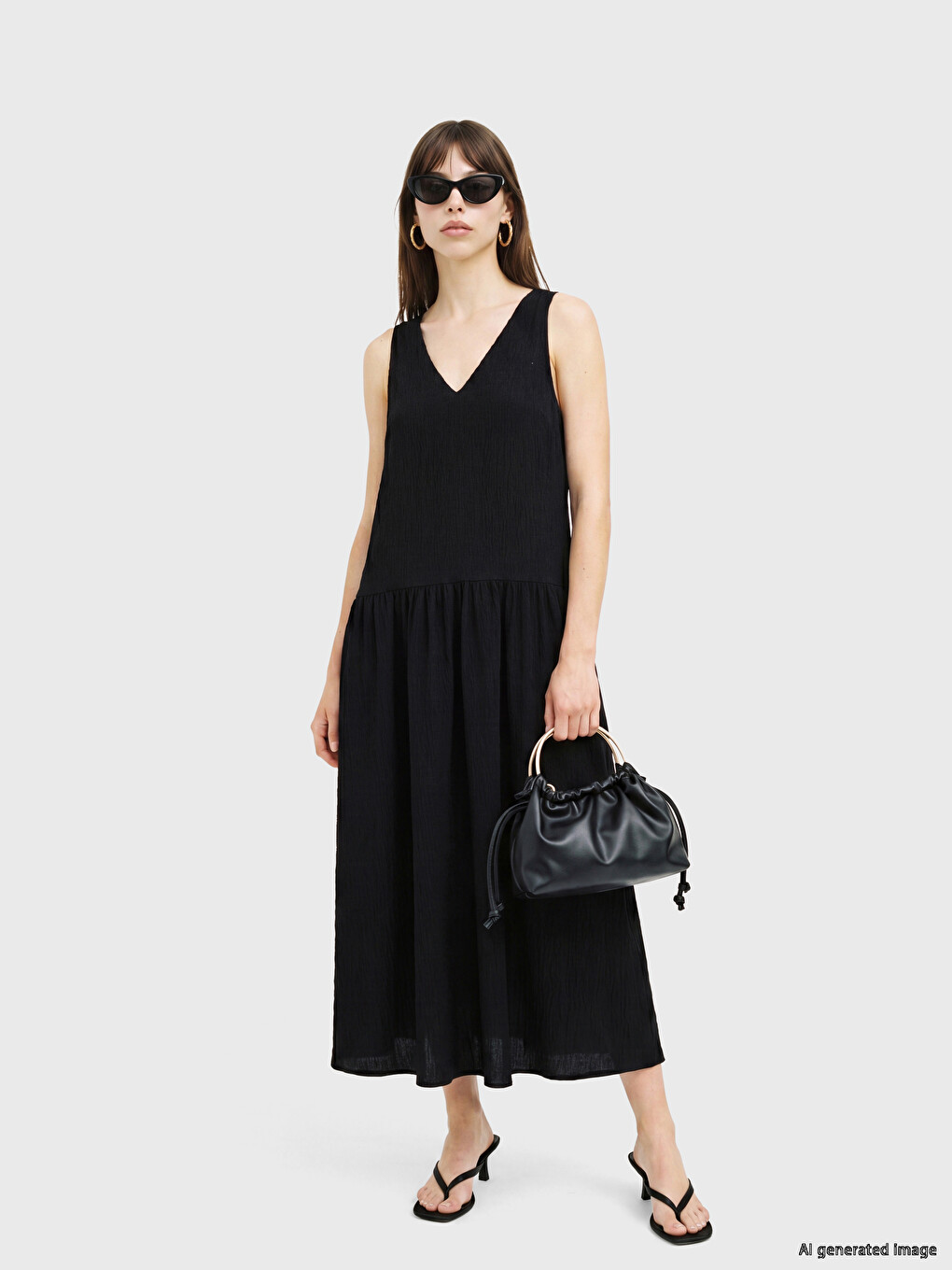 V Neck Textured Pleated Dress-1