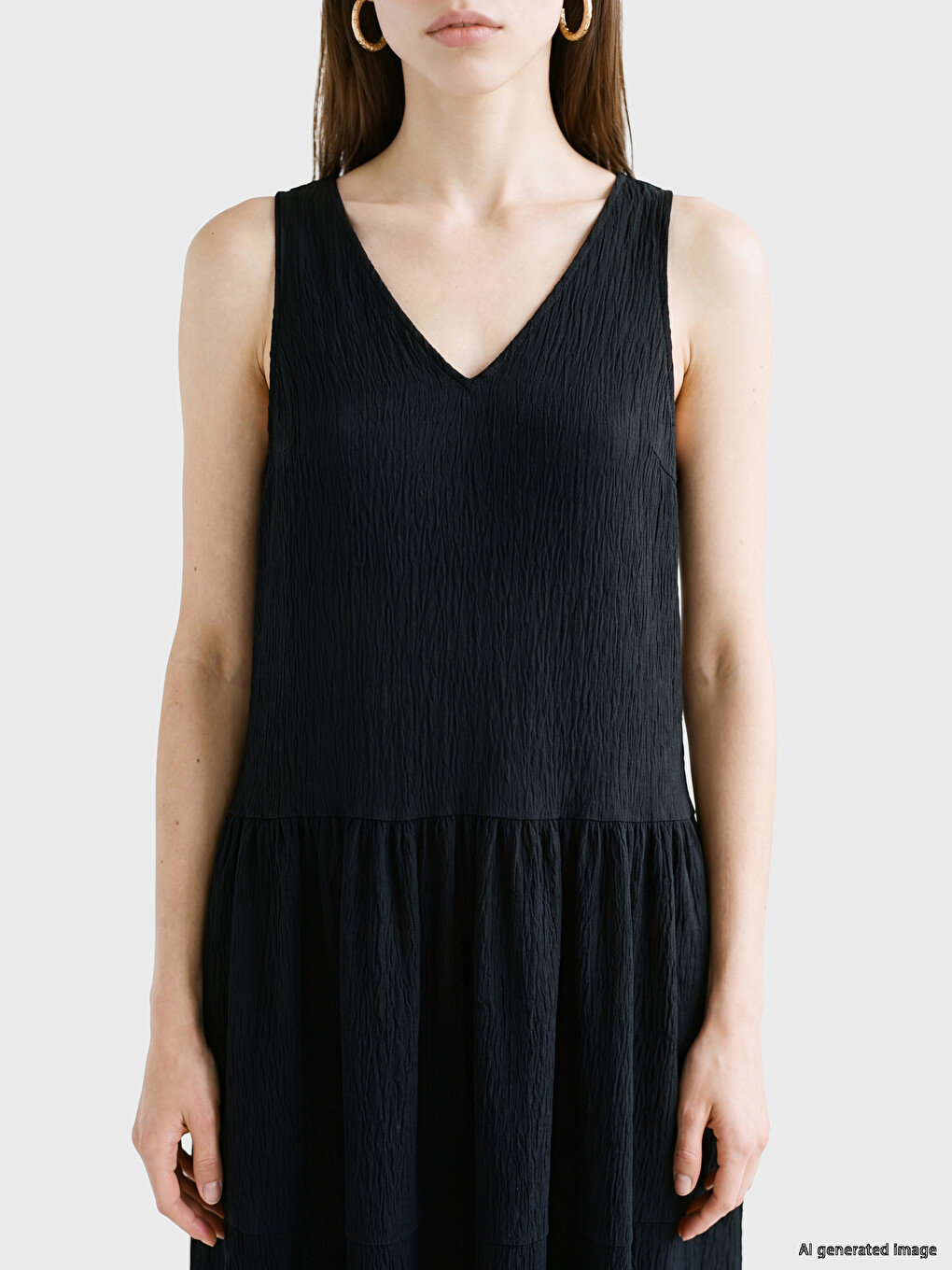 V Neck Textured Pleated Dress-2