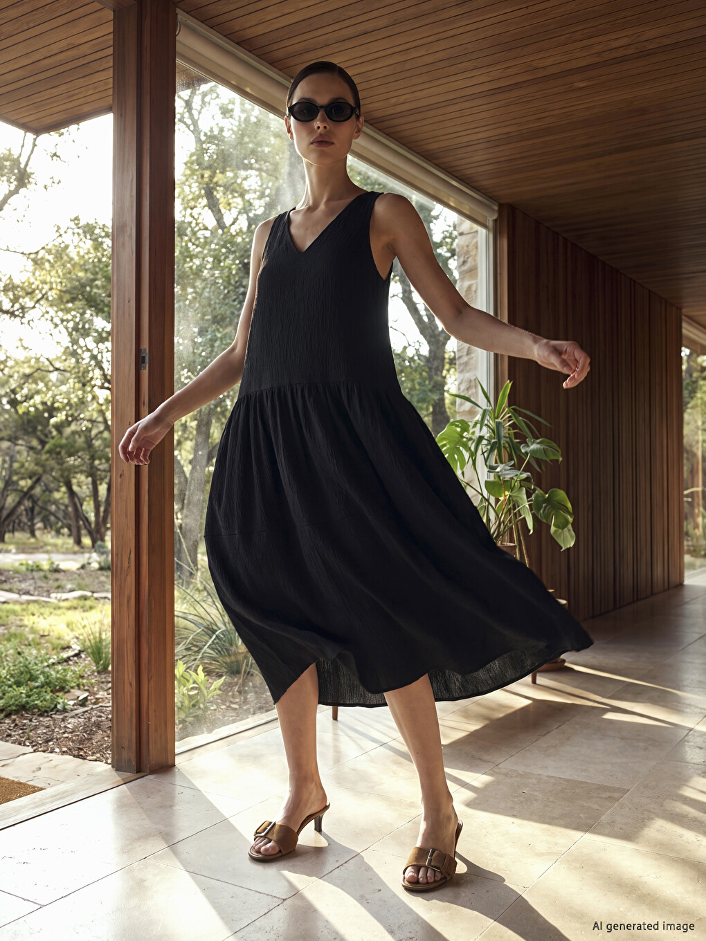 V Neck Textured Pleated Dress