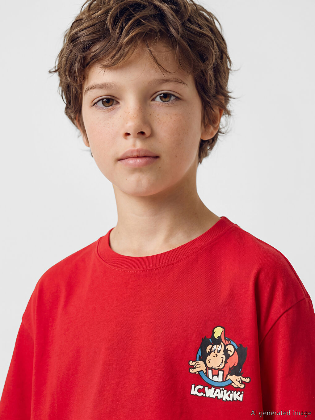 Kırmızı Nostaljik Maymun Baskılı Unisex Çocuk Tişört-2